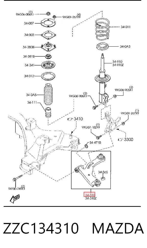 Braço oscilante inferior direito de suspensão dianteira ZZC134310 Mazda