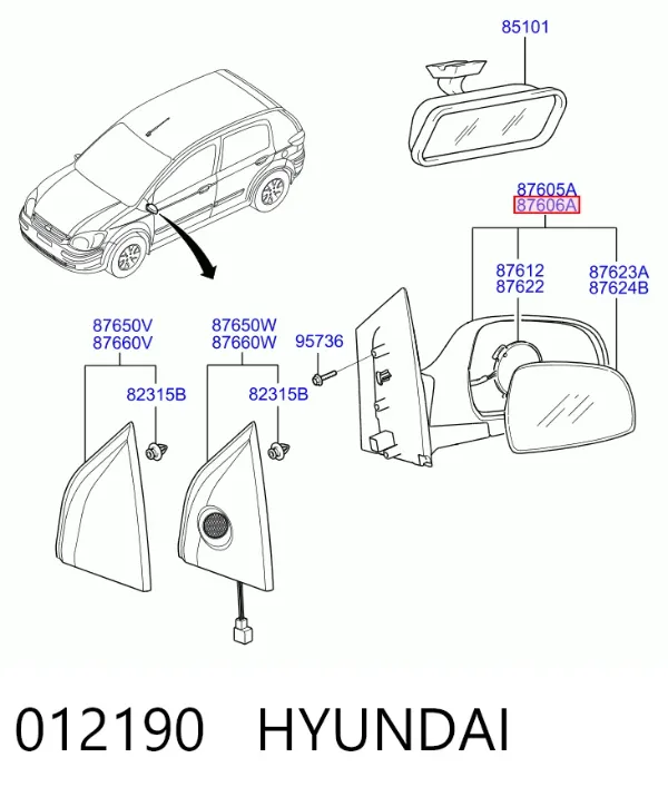 Espelho de retrovisão direito 012190 Hyundai/Kia