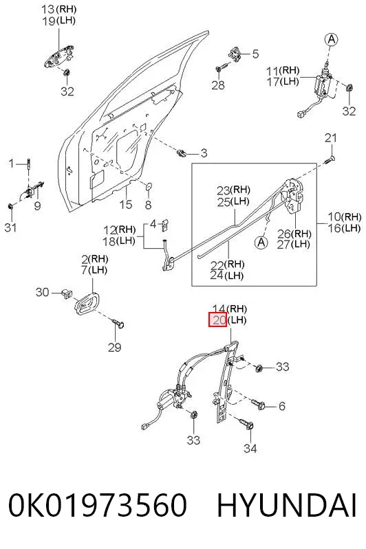 Mecanismo de acionamento de vidro da porta traseira esquerda 0K01973560 Hyundai/Kia