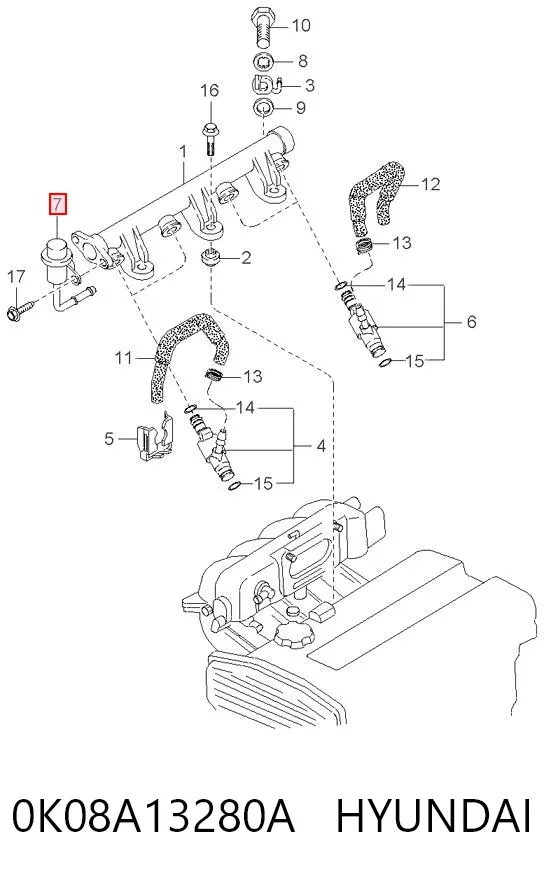 Regulador de pressão de combustível na régua de injectores 0K08A13280A Hyundai/Kia