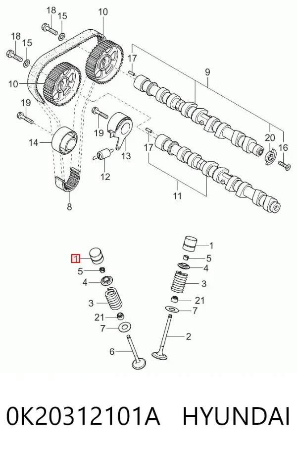 Compensador hidrâulico (empurrador hidrâulico), empurrador de válvulas 0K20312101A Hyundai/Kia