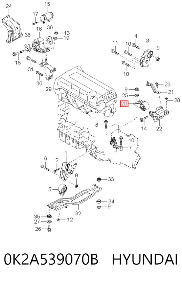 Coxim (suporte) esquerdo de motor 0K2A539070B Hyundai/Kia