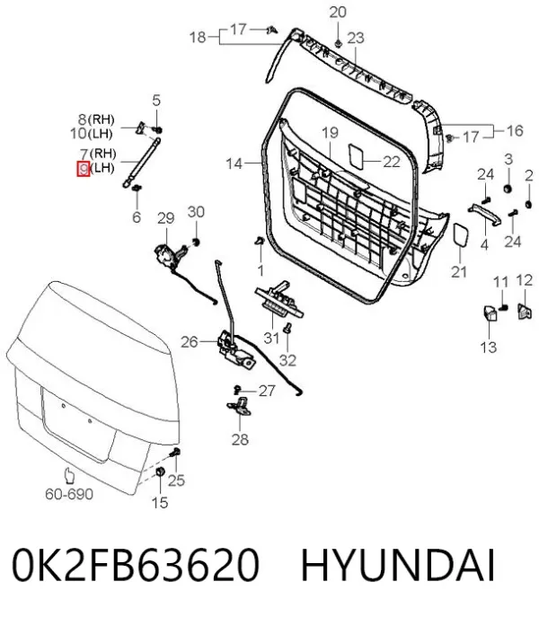 Amortecedor de tampa de porta-malas (de 3ª/5ª porta traseira) 0K2FB63620 Hyundai/Kia