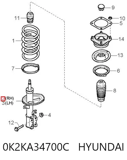 Amortecedor dianteiro direito 0K2KA34700C Hyundai/Kia