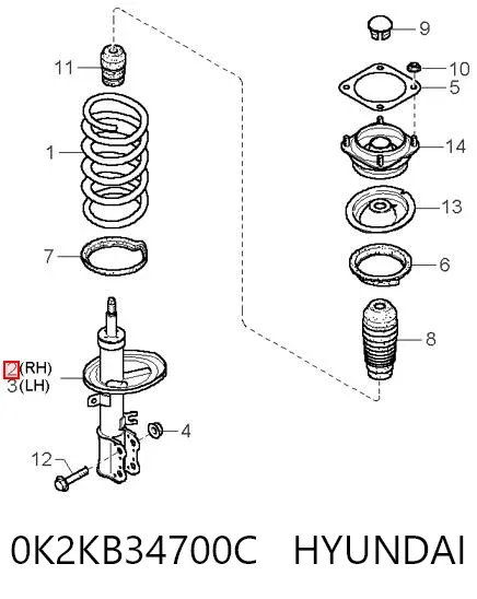 Amortecedor dianteiro direito 0K2KB34700C Hyundai/Kia