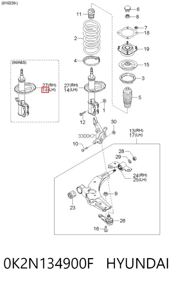 Amortecedor dianteiro esquerdo 0K2N134900F Hyundai/Kia