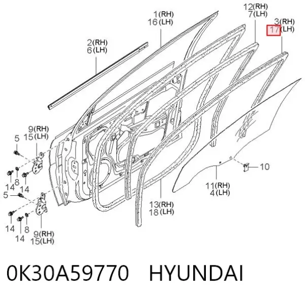 Compactador da porta dianteira esquerda (na carroçaria) 0K30A59770 Hyundai/Kia