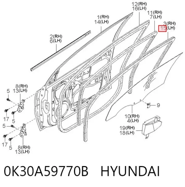 Compactador da porta dianteira esquerda (na carroçaria) 0K30A59770B Hyundai/Kia