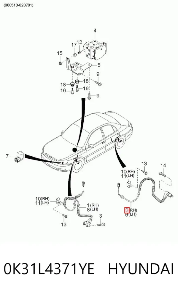 Sensor ABS traseiro direito 0K31L4371YE Hyundai/Kia