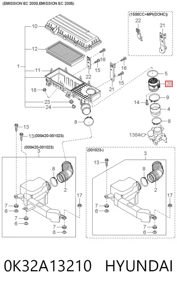 Sensor de fluxo (consumo) de ar, medidor de consumo M.A.F. - (Mass Airflow) 0K32A13210 Hyundai/Kia