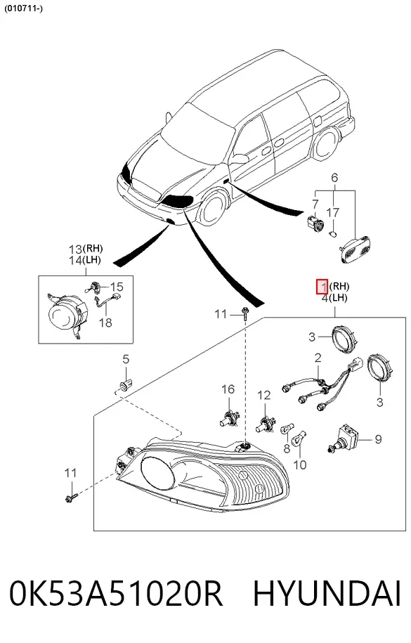 Luz direita 0K53A51020R Hyundai/Kia