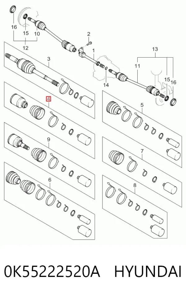 Junta homocinética interna dianteira direita 0K55222520A Hyundai/Kia