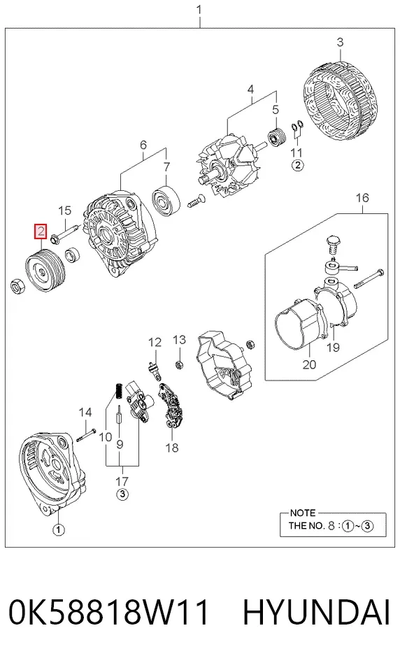 Polia do gerador 0K58818W11 Hyundai/Kia