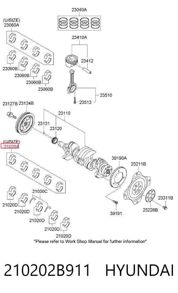 Folhas inseridas principais de cambota, kit, 1ª reparação ( + 0,25) 210202B911 Hyundai/Kia