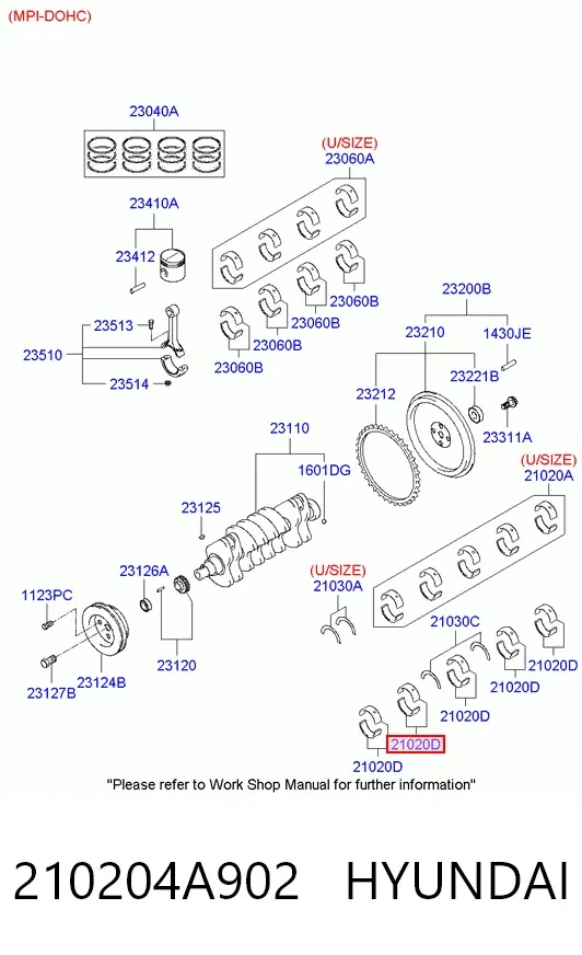 Folhas inseridas principais de cambota, kit, padrão (STD) 210204A902 Hyundai/Kia