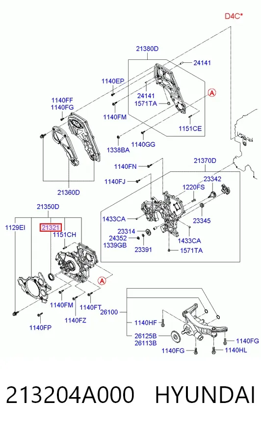 Vedação dianteira de cambota de motor 213204A000 Hyundai/Kia