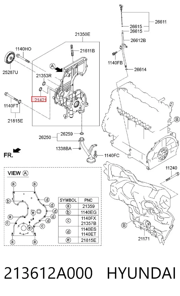 Vedação dianteira de cambota de motor 213612A000 Hyundai/Kia