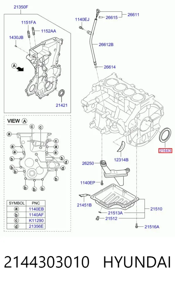 Vedação traseira de cambota de motor 2144303010 Hyundai/Kia