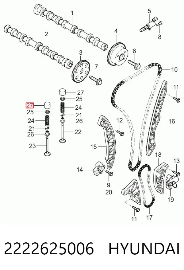 Compensador hidrâulico (empurrador hidrâulico), empurrador de válvulas 2222625006 Hyundai/Kia