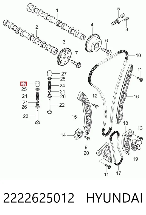 Compensador hidrâulico (empurrador hidrâulico), empurrador de válvulas 2222625012 Hyundai/Kia