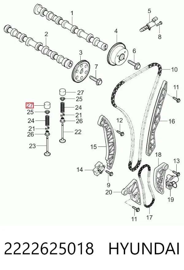 Compensador hidrâulico (empurrador hidrâulico), empurrador de válvulas 2222625018 Hyundai/Kia