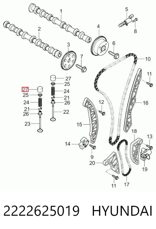 Compensador hidrâulico (empurrador hidrâulico), empurrador de válvulas 2222625019 Hyundai/Kia