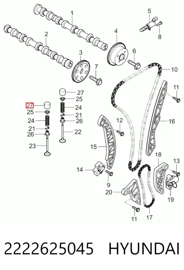 Compensador hidrâulico (empurrador hidrâulico), empurrador de válvulas 2222625045 Hyundai/Kia