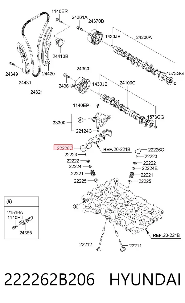 Compensador hidrâulico (empurrador hidrâulico), empurrador de válvulas 222262B206 Hyundai/Kia