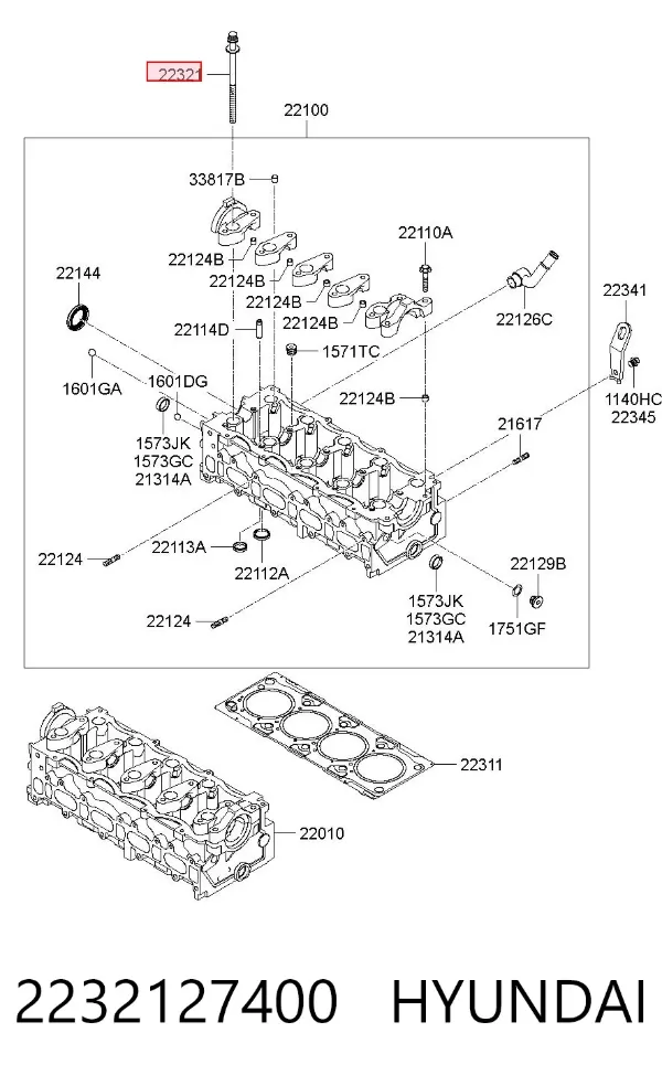 Parafuso de cabeça de motor (CBC) 2232127400 Hyundai/Kia