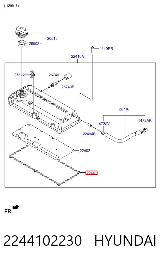 Vedante de tampa de válvulas de motor 2244102230 Hyundai/Kia