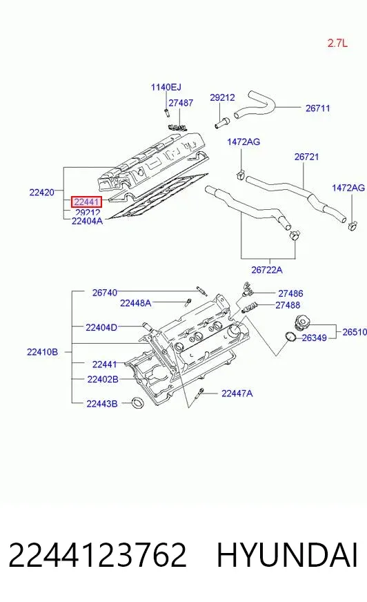 Vedante de tampa de válvulas de motor 2244123762 Hyundai/Kia
