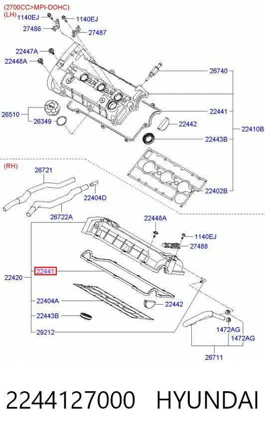 Vedante de tampa de válvulas de motor 2244127000 Hyundai/Kia