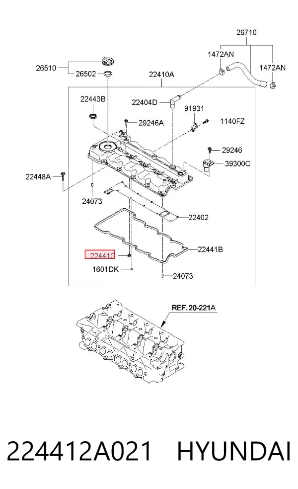 Vedante da tampa de válvulas de motor, anel 224412A021 Hyundai/Kia