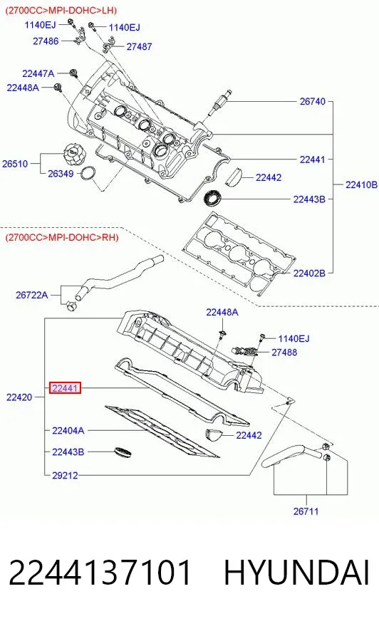 Vedante de tampa de válvulas de motor 2244137101 Hyundai/Kia