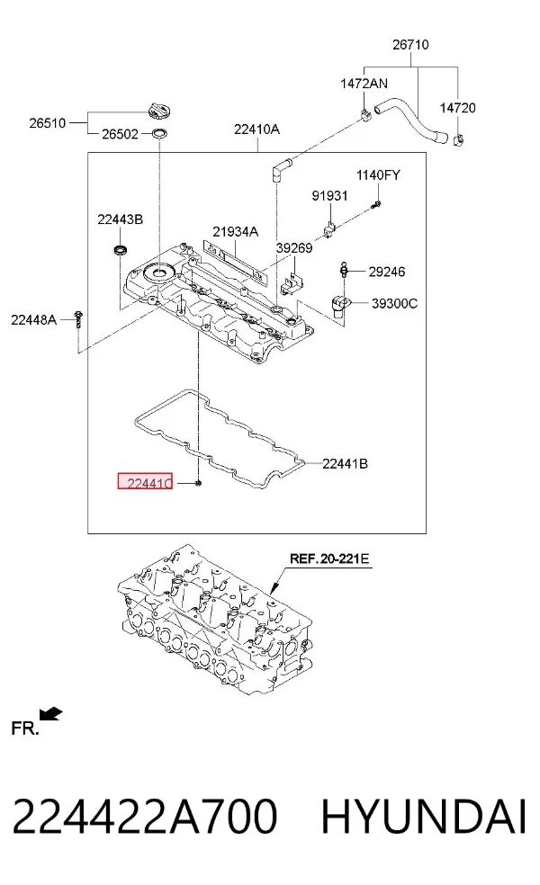 Vedante de tampa de válvulas de motor 224422A700 Hyundai/Kia