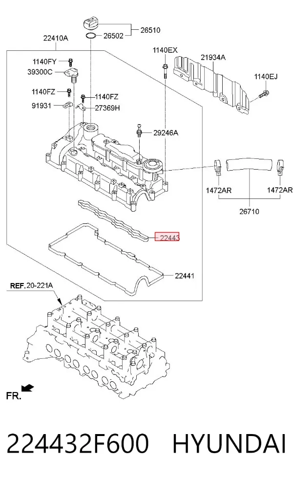 Vedante de tampa de válvulas de motor 224432F600 Hyundai/Kia
