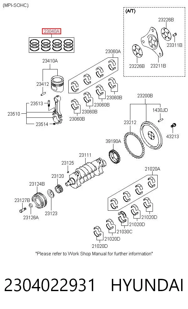 Kit de anéis de pistão de motor, 1ª reparação ( + 0,25) 2304022931 Hyundai/Kia