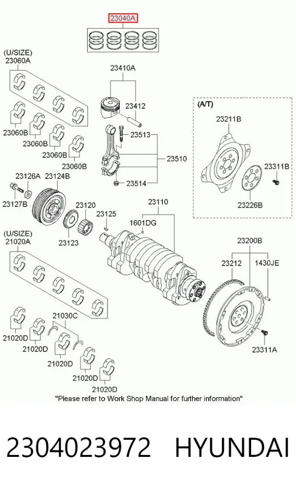 Kit de anéis de pistão de motor, 2ª reparação ( + 0,50) 2304023972 Hyundai/Kia
