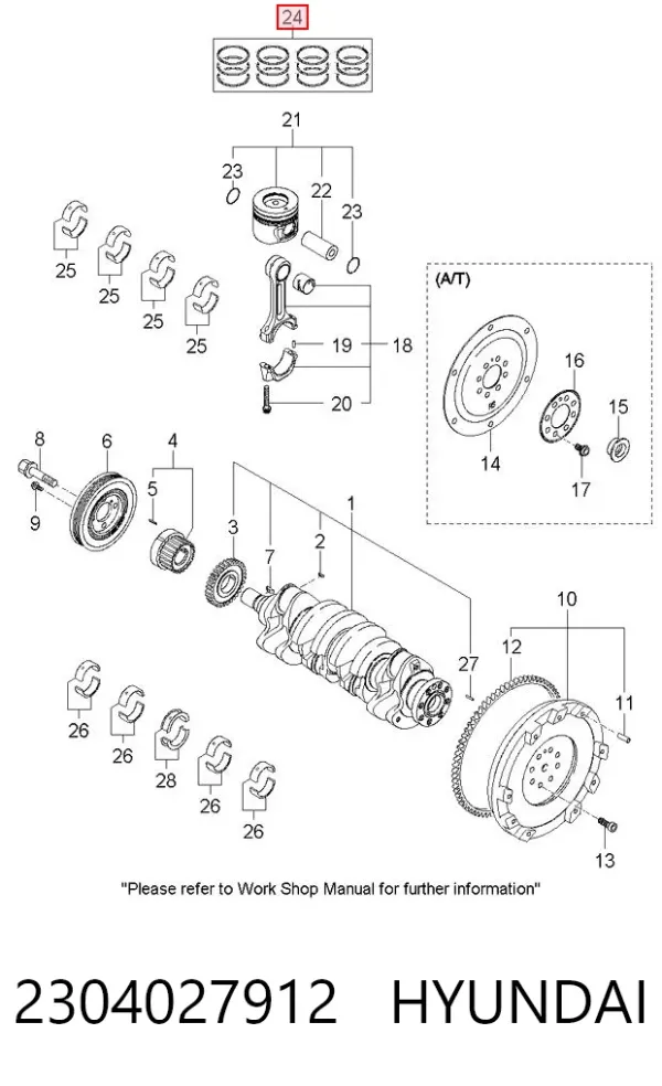 Kit de anéis de pistão de motor, 2ª reparação ( + 0,50) 2304027912 Hyundai/Kia