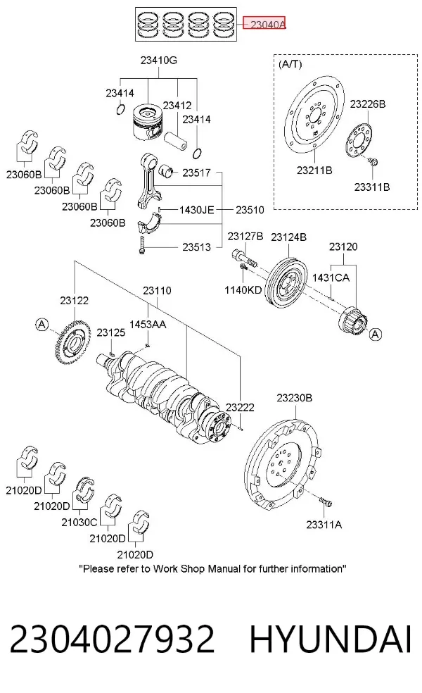 Kit de anéis de pistão de motor, 2ª reparação ( + 0,50) 2304027932 Hyundai/Kia