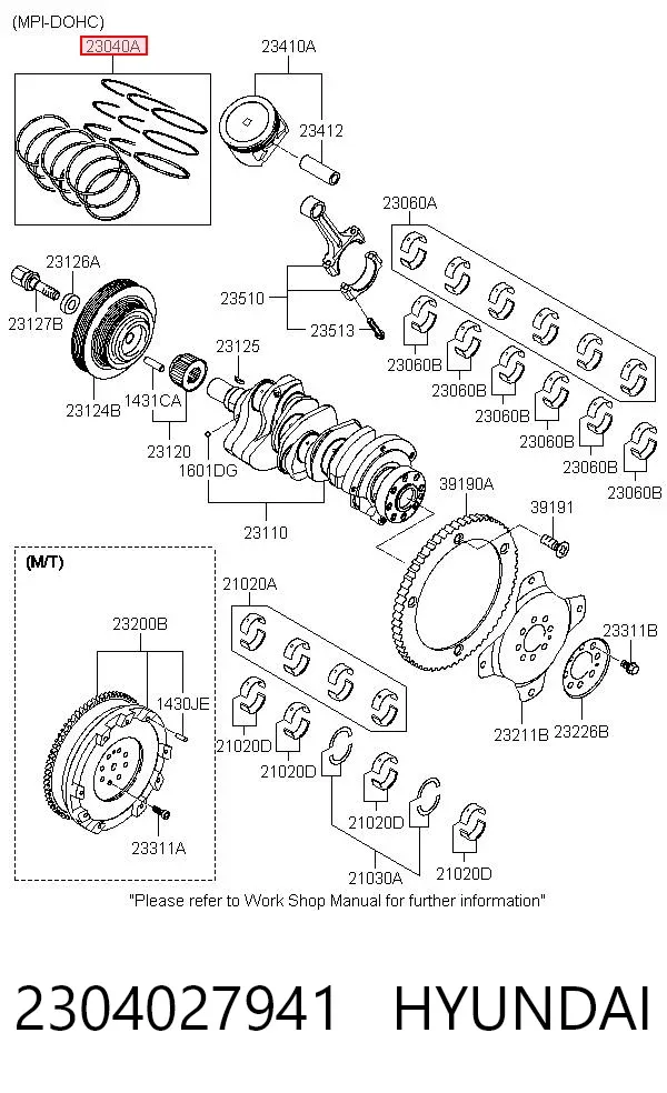 Kit de anéis de pistão de motor, 1ª reparação ( + 0,25) 2304027941 Hyundai/Kia