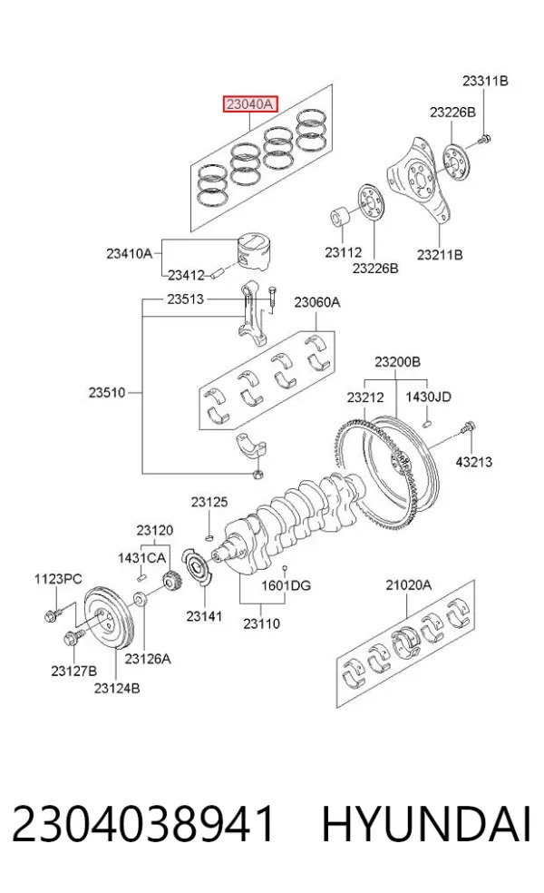 Kit de anéis de pistão de motor, 2ª reparação ( + 0,50) 2304038941 Hyundai/Kia