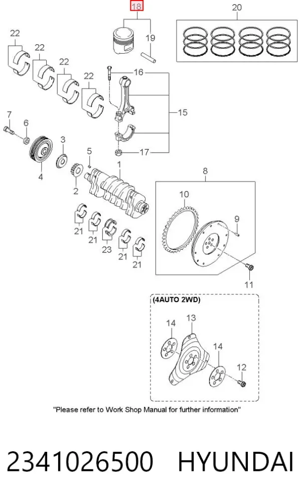 Pistão com passador sem anéis, STD 2341026500 Hyundai/Kia