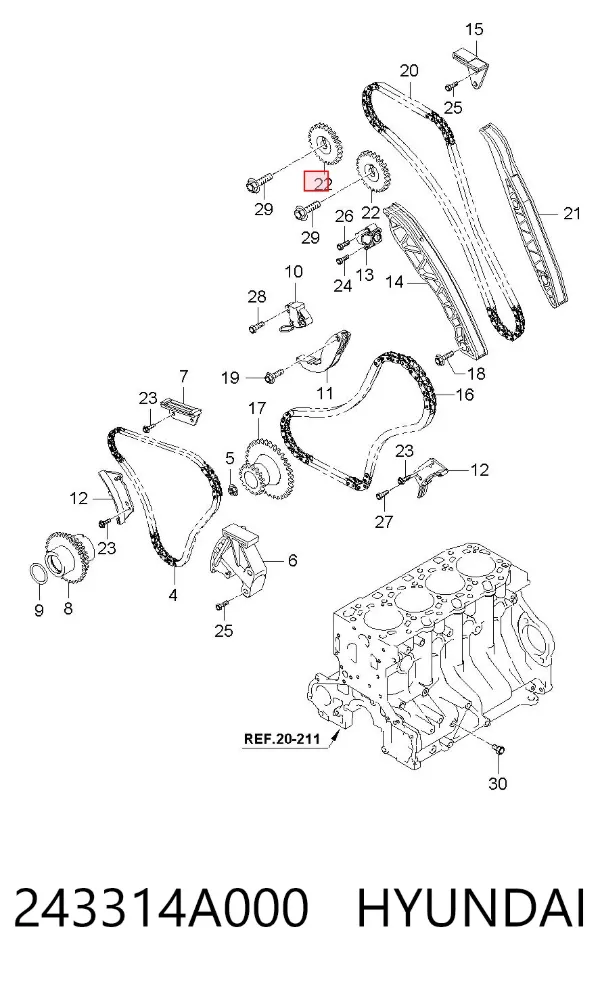 Engrenagem de cadeia da roda dentada da árvore distribuidora de motor 243314A000 Hyundai/Kia