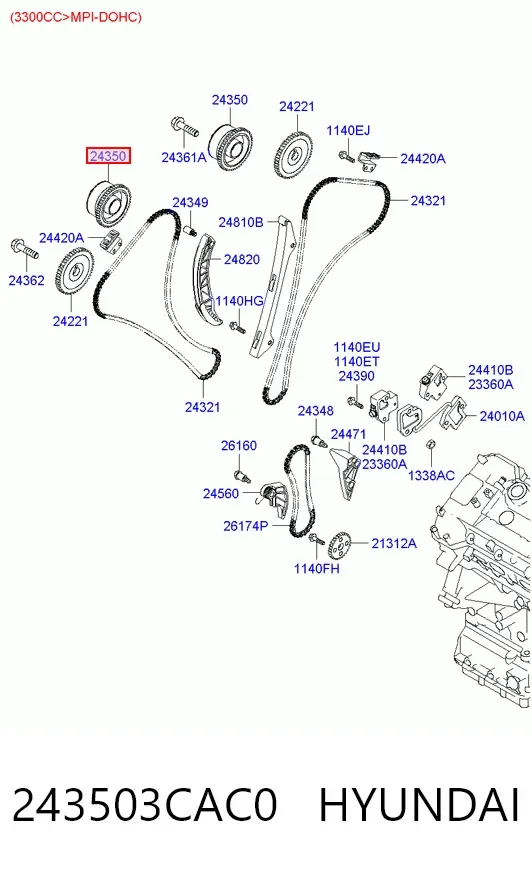Engrenagem de cadeia de roda dentada da árvore distribuidora de admissão de motor 243503CAC0 Hyundai/Kia