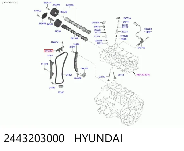 Amortecedor de cadeia do mecanismo de distribuição de gás, superior CBC 2443203000 Hyundai/Kia