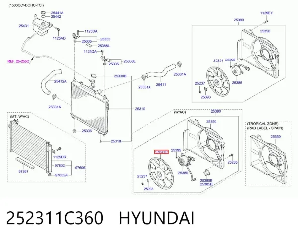 Ventilador (roda de aletas) do radiador de aparelho de ar condicionado 252311C360 Hyundai/Kia