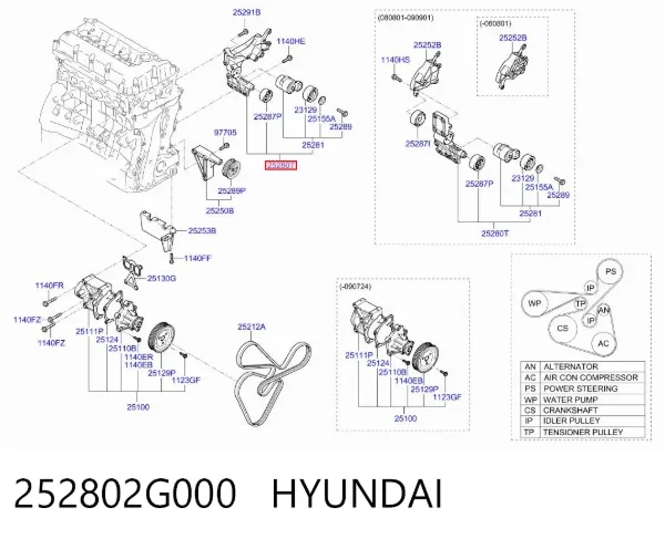 Reguladora de tensão da correia de transmissão 252802G000 Hyundai/Kia