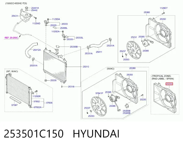 Difusor do radiador de esfriamento 253501C150 Hyundai/Kia