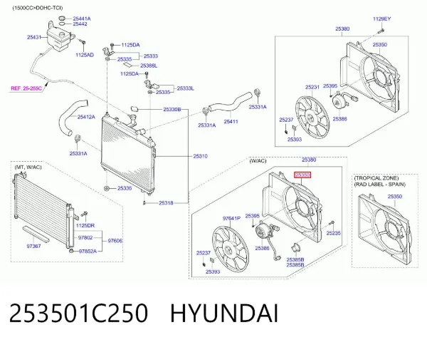 Difusor do radiador de esfriamento 253501C250 Hyundai/Kia